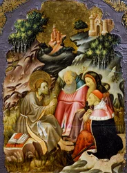 Prædiken af Johannes Døberen, detalje fra predellaen af en altertavle fra Vic-katedralen, af Bernat Martorell (ca. 1400-1452), malet på træ. catalansk gotisk kunst.