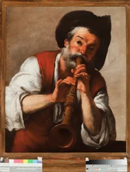 Il pifferaio (Fløjtespilleren) (Piperen) Maleri af Bernardo Strozzi (1581-1644) Genes fra det 17. århundrede, Musei di Strada Nuova (ex Palazzo Rosso)