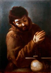 Repræsentation af Saint Francois af Assisi, der tilbeder krucifikset Maleri af Bernardo Strozzi (1581-1644) Privat samling fra det 17. århundrede