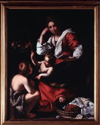 Repræsentation af den hellige familie med Johannes Døberens barn (Den hellige familie med Johannes døberen) Maleri af Bernardo Strozzi (1581-1644) Genes, Musei di Strada Nuova (ex Palazzo Rosso) Italien