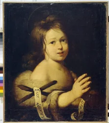 Sankt Johannes Døberen, barn. (Johannes Døberen, som et barn). Han holder et kors med et hylster ""Ecce agnus dei"" (Se Guds Lam). Maleri af Bernardo Strozzi (1581-1644), olie på lærred