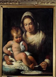 Jomfruen har skeen. Maleri af Bernardo Strozzi (1581-1644)