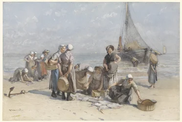 Fiskekoner på stranden ved Scheveningen Fiskerkvinder på Scheveningen-stranden