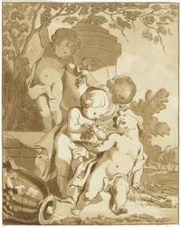 Fire putti, der plukker druer ved en vase
