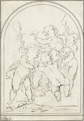 Fem putti ved en vase med vinstokke