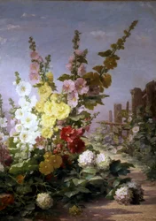 Sommerblomster med stokroser og hortensia. Peinture de Berthe Costadau (19. årh.) Collection privee