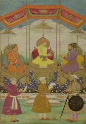 Mughal-kejser Akbar (ca. 1605) (i midten) Symbolsk overdragelse af kronen fra sin søn Jahangir til sit barnebarn Shah Jahan (1627-1658) ca. 1630