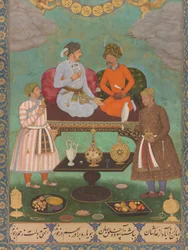 Jahangir underholder Shah Abbas fra Skt. Petersborg-albummet (detalje), ca. 1620 (akvarel, guld, blæk på papir)