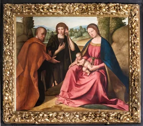 Tilbedelse af hyrderne Madonna med spædbarnet Jesus og to hyrder")