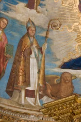 Apse, Catino Apse, Boccaccio Boccaccino, Pantocrator blandt de hellige Marcellino, Imerio, Omobono, Peter Exorcist, Detalje af St. Imerio