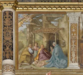 Central Aave, fjerde nordlige spant, Tilbedelse af hyrderne, Boccaccio Boccaccino 1516-17