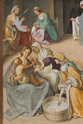 Centralskib, andet nordspænd, Jomfruens fødsel, Boccaccio Boccaccino 1514-15, detalje