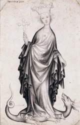 Saint Margaret of Antioch (død omkring 305) (Saint Margaret) (hun holder et krucifiks og tramper en drage) - Værk af en bøhmisk mester (aktiv 1410-1420), blyant og pensel på papir (21,4x14 cm) , omkring 1410 - Szepmuveszeti Muzeum, Budapest (Ungarn)