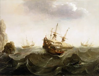 Et hollandsk handelsskib til Ostindien lader to sildefiskerbåde passere. Oliemaleri, midten af det 17. århundrede, af Bonaventura Peeters (1614-1652).