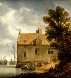 Bygherrer reparerer et hus ved en flod