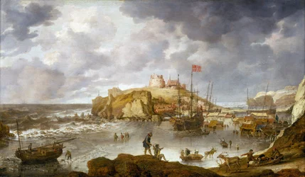 Havnen i Archangel (Rusland), delvist frossen, med et skib under dansk flag