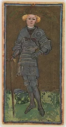 Sværdknægten, faksimile af et tarotkort fra «Visconti»-sættet, 1441-47