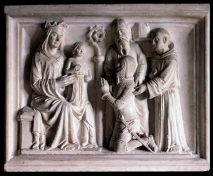Jomfruen præsenterer Jesus for tre mennesker (skulptur