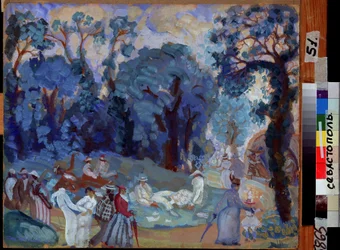 Alupka (Ukraine) (Alupka). Scene i det daglige liv: vandrere og mennesker i deres søndags bedste hvile og have det sjovt i en offentlig have. Værk af Boris Dmitryevich Grigoriev (1886-1939), tempera på pap