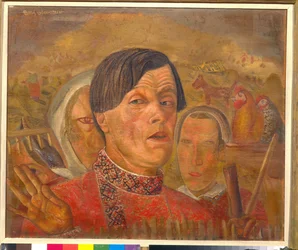 Selvportræt med hanen og hønen, omkring 1924 - 60,4 x 73,5 cm - Privatsamling