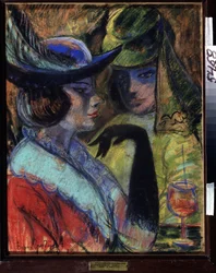 Cafe i Paris (Cafe i Paris). To elegante kvinder sad omkring en drink ved et parisisk bistrobord. Værk af Boris Dmitryevich Grigoriev (1886-1939), pastel på pap