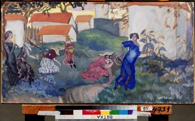 Sommer. Kvinder løber og leger i en have foran huse. Værk af Boris Dmitryevich Grigoriev (1886-1939), akvarel og gouache på papir