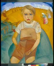 The socialite (portræt af sønnen) - Maleri af Boris Dmitryevich Grigoriev (1886-1939), olie på lærred (92x80 cm)