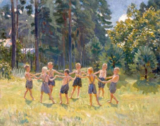 Rækker af striber i en lysning nær en dacha
