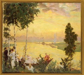 Tilflugtssted på landet (Landstur). Maleri af Boris Michaylovich Kustodiev (Kustodiev) (1878-1927), olie på lærred
