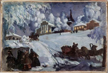 Vinter, slæder (Vinter. Kanetur). Maleri af Boris Michaylovich Kustodiev (Koustodiev) (1878-1927), olie på lærred, ca. 1920. Russisk kunst, begyndelsen af ​​det 20. århundrede. Privat samling.