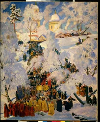 Vandets store velsignelse på teofanifesten. Traditionel scene for den russisk-ortodokse kirke, hellig uges liturgiske procession, fejring af dåbsvandet i et snelandskab. Maleri af Boris Michaylovich Kustod