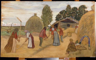 Tærskningen af ​​høsten med slaglen (Tærskegulv) - Værk af Boris Michaylovich Kustodiev (Kousodiev) (1878-1927), pastel på pap, 59x100 cm