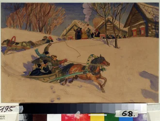Fastelavn. Glade børn suser i hestetrukne slæder over sneen foran landsbyen med træhuse. De forsamlede voksne hilser på dem. Værk af Boris Mikhailovitj Kustodijev (1878-1927)