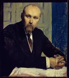 Portræt af kunstneren Nicolas Roerich (1874-1947) (Portræt af kunstneren N. Roerich). Værker af Boris Michaylovich Kustodiev (Koustodiev) (1878-1927), pastel på pap