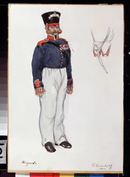 Kostumedesign til teaterstykket Coeur ardent af Alexandre Ostrovski (1823-1886) (Kostumedesign til teaterstykket Fiery Heart af A. Ostrovsky). Værk af Boris Michaylovich Kustodiev (Koustodiev) (1878-1927), blyant og akvarel på papir