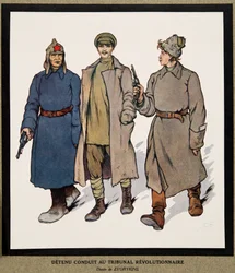 Fængslet føres til en revolutionsdomstol; fra Histoire des Soviets, pub. 1922 (farve litho)