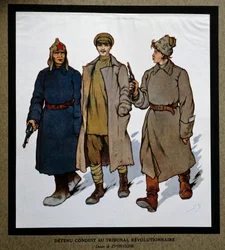 Rusland efter revolutionen i 1917: "En detenu bragt til Revolutionsdomstolen". Tegning af Boris Zvorykin (1872-1935). Institut for Socialhistorie, Montreuil