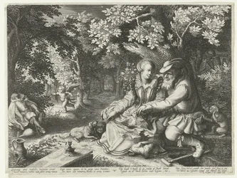 Døden og Amor skyder hinandens pile, og gammel mand retter ung kvinde