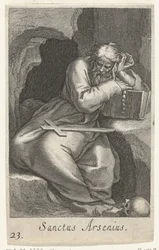 Sankt Arsenius den Store som eneboer Sanctus Arsenius (titel på objekt) Eremitter (serietitel) Sacra eremvs ascetarvm (serietitel)