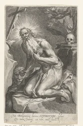 Sankt Hieronymus af Betlehem som eneboer Dùm Bethlemiticis latitas (...) tibi tuta facis (titel på objektet) Eremitter (serietitel) Ad sacrum speculum (...) patribus that ales (serietitel)