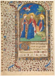 Blad fra en timebog: Sts. Geneviève, Catherine af Alexandria og Margaret recto..., ca. 1415