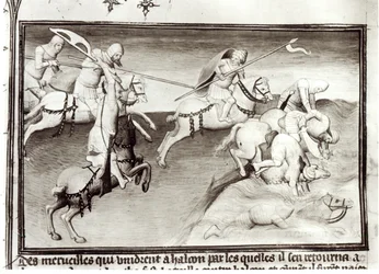 Fr 2810 Den mongolske leder, Hulagu, khan fra Ilkhanatet jagter sin fætter, Berke, khan fra Kipchak eller Golden Horde i 1262, og tvinger ham ud i en flod, fra Livre des Merveilles du Monde, ca. 1410-