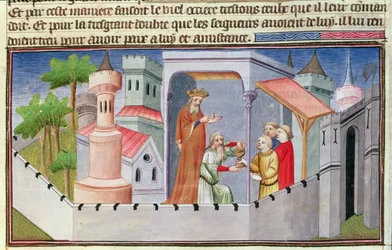 Ms Fr 2810 f.17, Hassan i Sabbah leder indvielserne i Alamut og giver sine tilhængere bedøvet vin, fra «Livres des Merveilles du Monde», ca. 1410-12