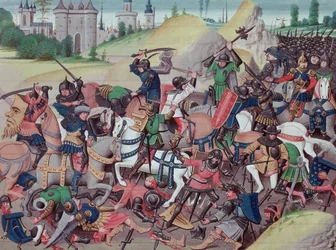 Ms 5089-90 Slag mellem saracenere og kristne under korstogene, fra Chroniques des empereurs af David Aubert, 1462