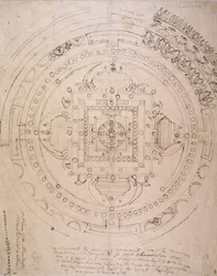 Omrids af en mandala (pen og blæk på papir)