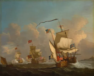 En kongelig yacht med en flåde på vej ud i en brise, ca. 1720 (olie på lærred)