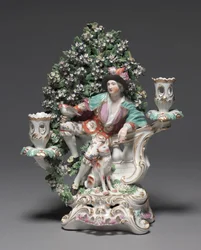 Kandelaber med hyrde og hund, fabrikant Derby Porcelain Factory (Chelsea-Derby Periode), ca. 1775 (blødt-pasta porcelæn)