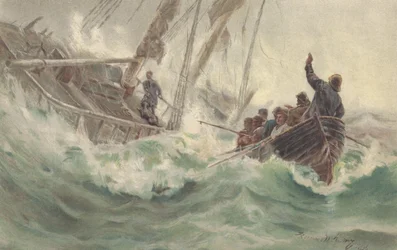 Kaptajn og hans trofaste hund går ned med et forlist skib, mens besætningen flygter (farve litho)