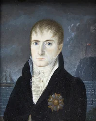 Kejser på øen Sankt Helena - Portræt af kejser Napoleon I med blottet hoved, i sort dragt, bærende stjernen som storørn af Æreslegionens orden - Portræt af Napoleon Bonaparte på øen Sankt Helena af Captain Dodgin (aktiv)