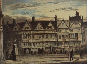 Holborn Bars, købt og restaureret af Prudential Assurance Co, ca. 1884 (farve litho)